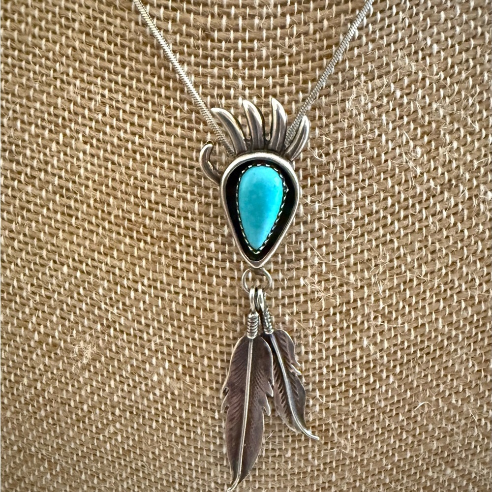 Native American Navajo SS Turquoise Bear Paw Feather Pendant by Francisco - Picture 3 of 6